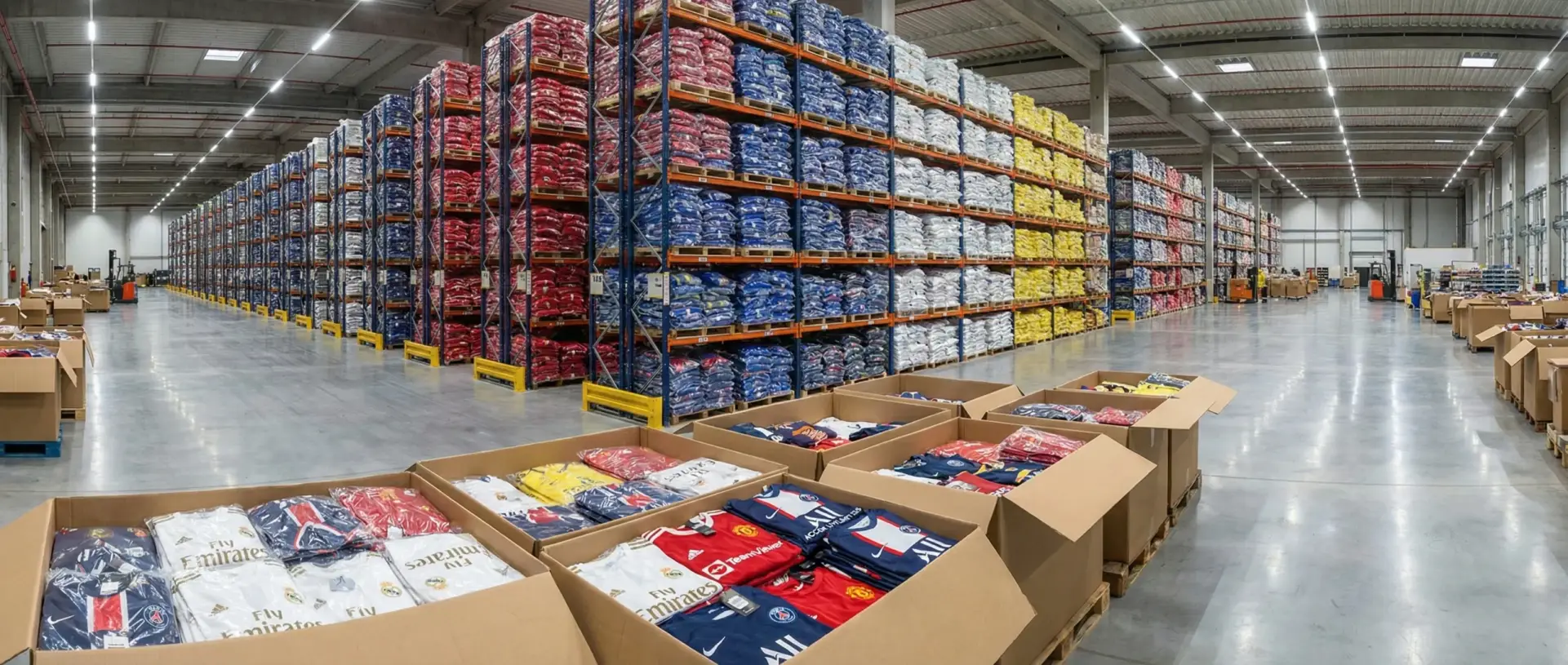 Factory Direct Supply Factory direct soccer jersey warehouse inventory with shelves of stock ready for fast global shipping and low MOQ distribution.