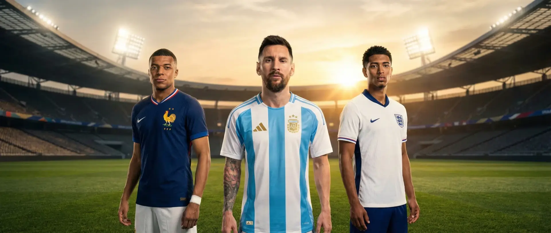 2026 World Cup & European Clubs Wholesale 2026 World Cup soccer jerseys and European club kits featuring professional players in Argentina, France, and England uniforms.