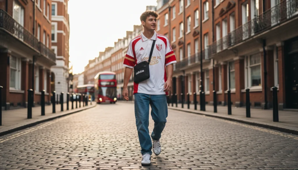 Blokecore trend outfit with oversized football jersey and jeans