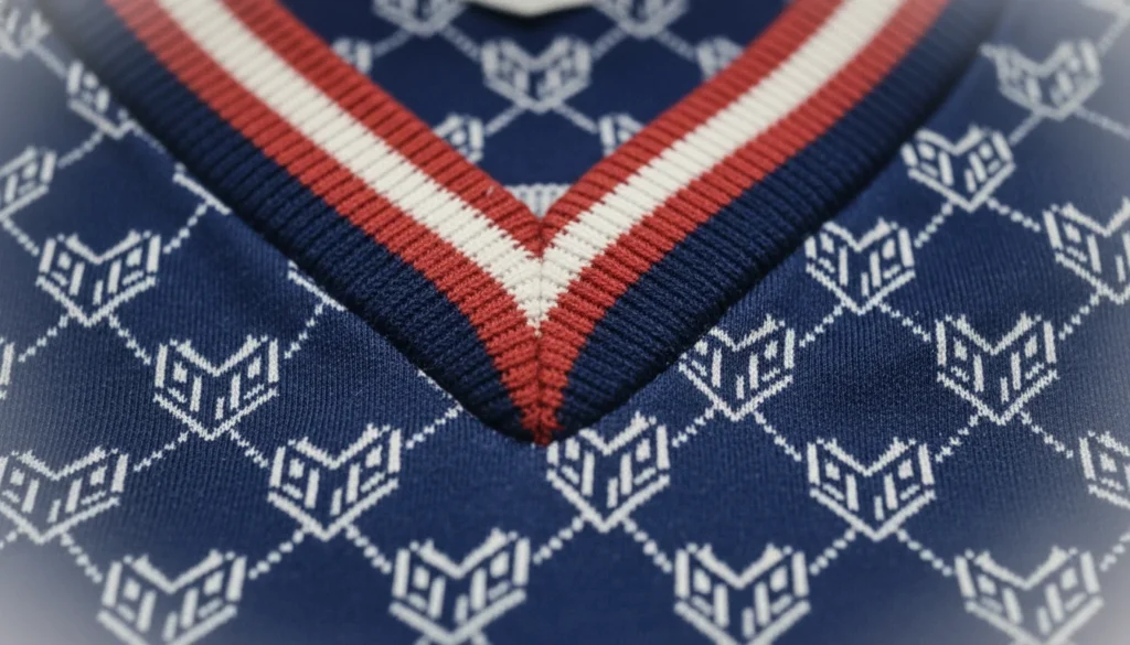 Close up of 90s football nostalgia geometric pattern and collar