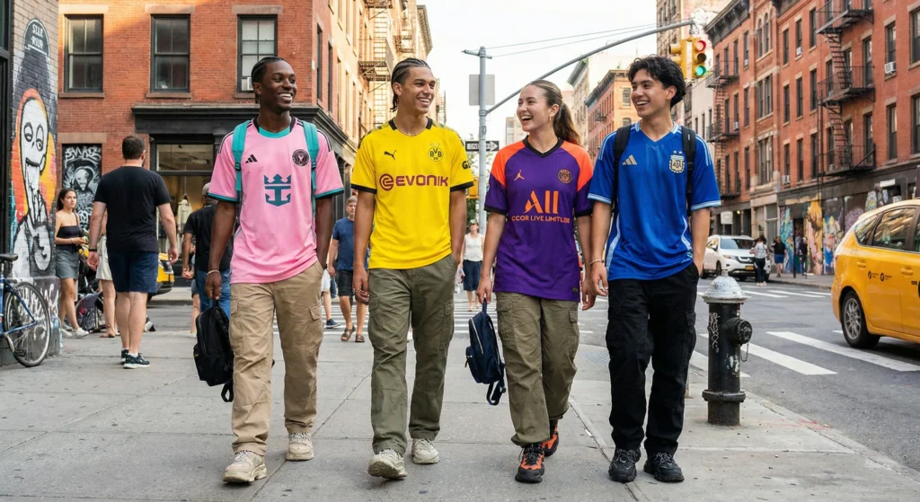 Streetwear football fashion and wearable football kits in urban setting