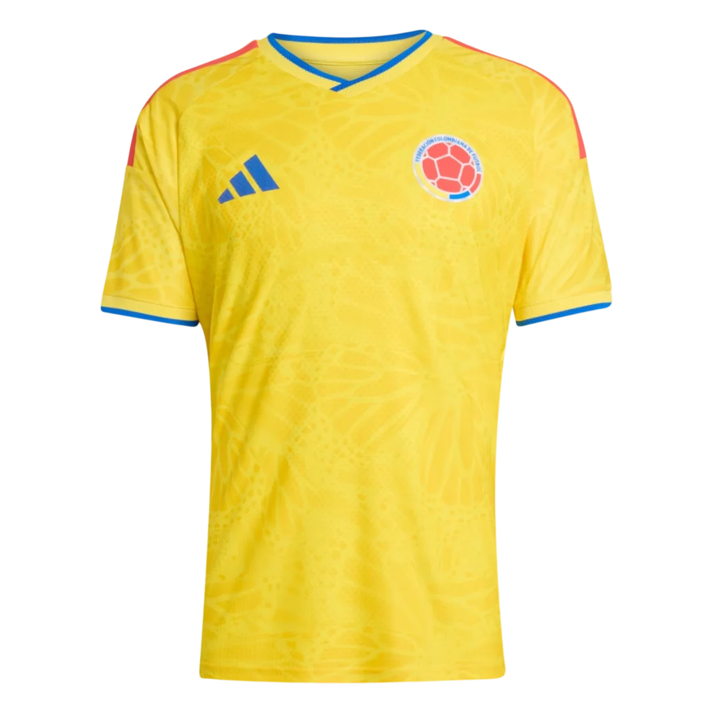 Front view of authentic Colombia 2026 World Cup home soccer jersey player version with slim fit design.